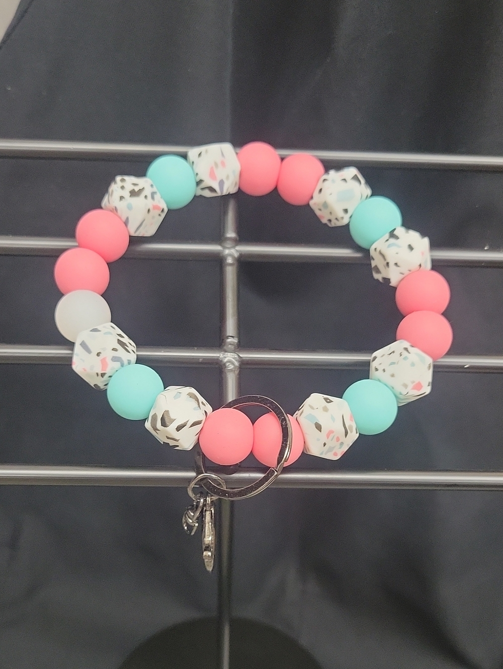 Silicone Bead Keyring Bracelet - Pink & Aqua